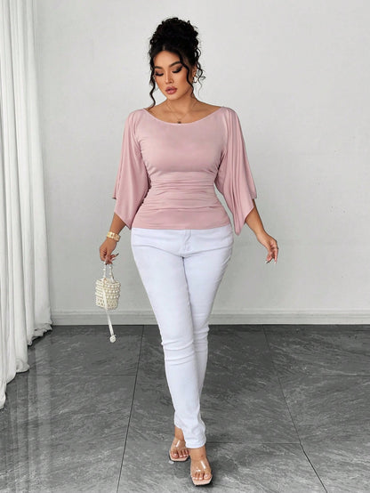 Elenzya Plus Size Women's Knitted High Stretch Bell Sleeve Round Neck Solid Color Elegant T-Shirt Fall