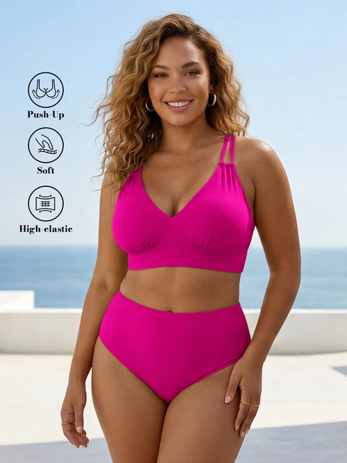 ELLERISSA Plus Size Pink High Waist Cross Strap Back Bikini Set