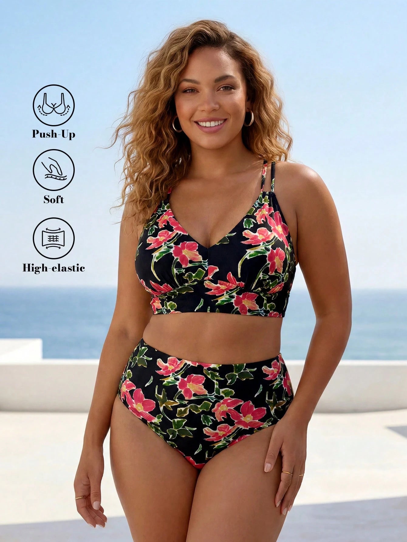 ELLERISSA Plus Size Pink High Waist Cross Strap Back Bikini Set