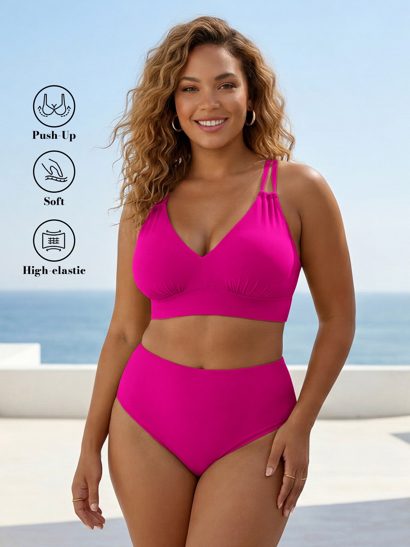 ELLERISSA Plus Size Pink High Waist Cross Strap Back Bikini Set