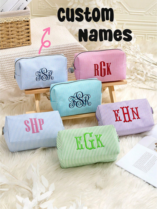 Embroidered Name, Custom Makeup Pouch, Sanitary Pad Storage Bag, Travel Cosmetic Bag, Personalized Storage Pouch,Travel Organizer, Seersucker, Graduation Gift, Bridesmaid Gift, Gift For Her