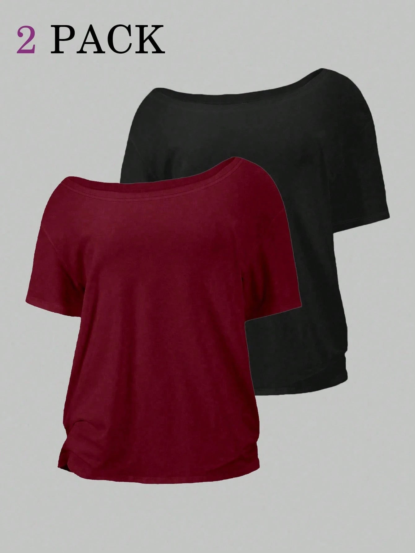 EMERY ROSE 2pcs/Set Oblique Shoulder Loose T-Shirt,Asymmetric Shoulder Off-Shoulder T-Shirt, Plus Size Women's Top