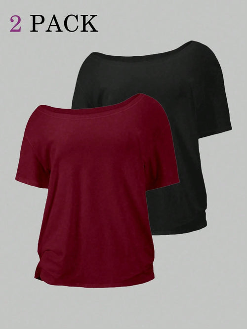 EMERY ROSE 2pcs/Set Oblique Shoulder Loose T-Shirt,Asymmetric Shoulder Off-Shoulder T-Shirt, Plus Size Women's Top