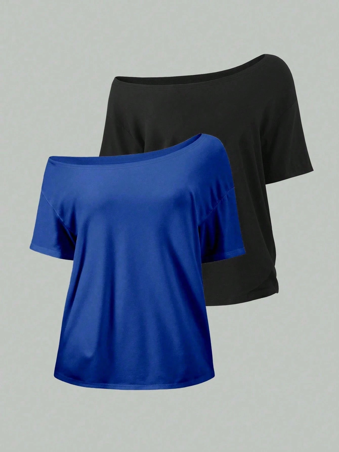 EMERY ROSE 2pcs/Set Oblique Shoulder Loose T-Shirt,Asymmetric Shoulder Off-Shoulder T-Shirt, Plus Size Women's Top