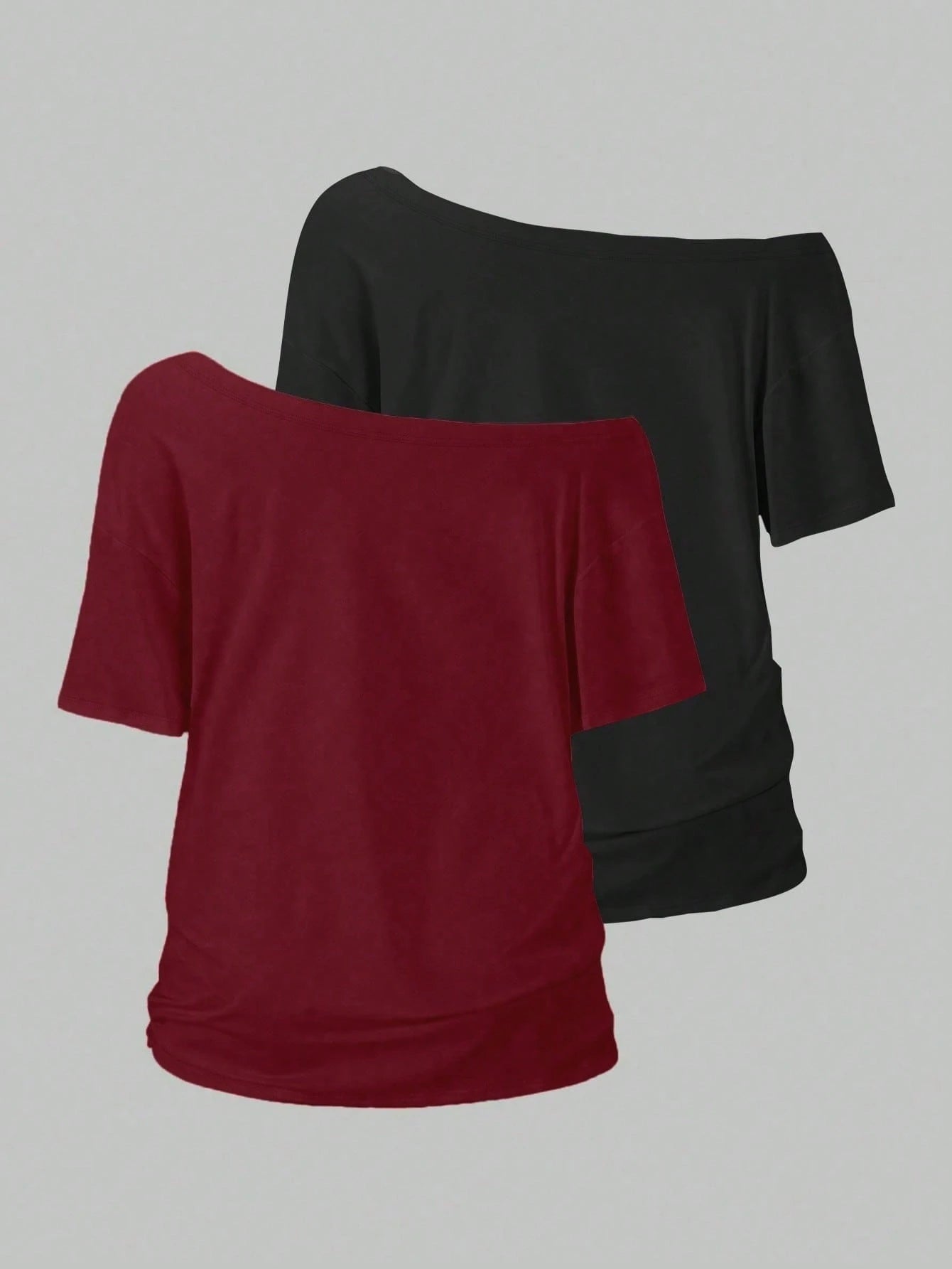 EMERY ROSE 2pcs/Set Oblique Shoulder Loose T-Shirt,Asymmetric Shoulder Off-Shoulder T-Shirt, Plus Size Women's Top