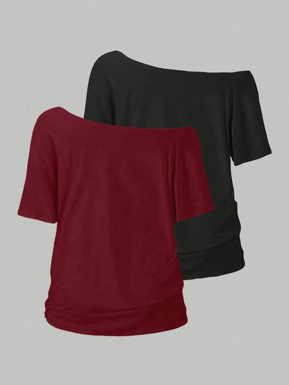 EMERY ROSE 2pcs/Set Oblique Shoulder Loose T-Shirt,Asymmetric Shoulder Off-Shoulder T-Shirt, Plus Size Women's Top
