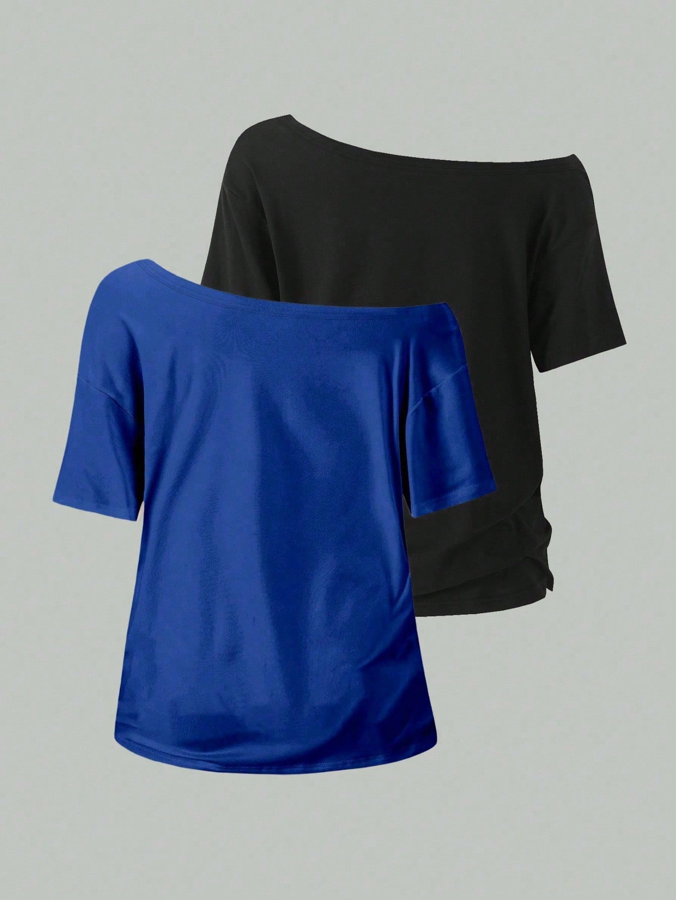 EMERY ROSE 2pcs/Set Oblique Shoulder Loose T-Shirt,Asymmetric Shoulder Off-Shoulder T-Shirt, Plus Size Women's Top