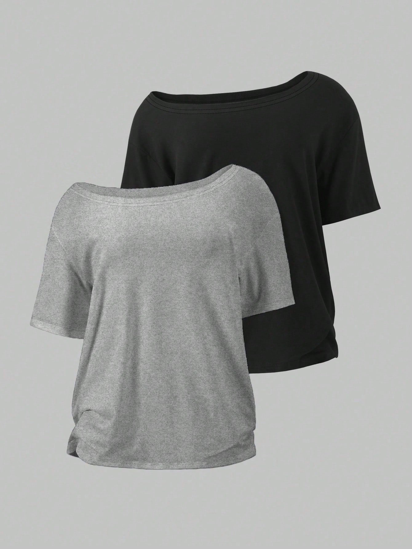 EMERY ROSE 2pcs/Set Oblique Shoulder Loose T-Shirt,Asymmetric Shoulder Off-Shoulder T-Shirt, Plus Size Women's Top
