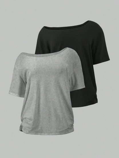 EMERY ROSE 2pcs/Set Oblique Shoulder Loose T-Shirt,Asymmetric Shoulder Off-Shoulder T-Shirt, Plus Size Women's Top