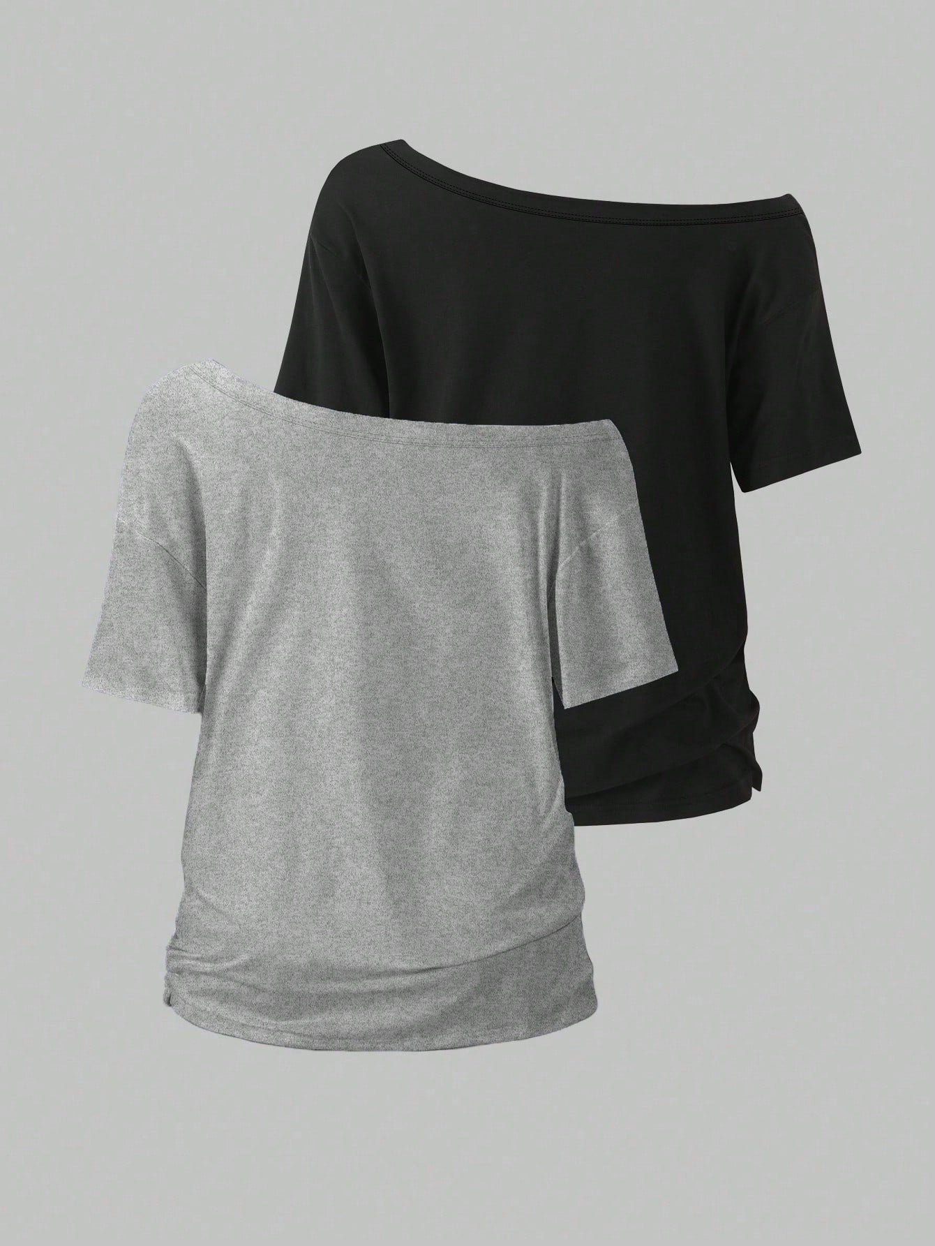 EMERY ROSE 2pcs/Set Oblique Shoulder Loose T-Shirt,Asymmetric Shoulder Off-Shoulder T-Shirt, Plus Size Women's Top