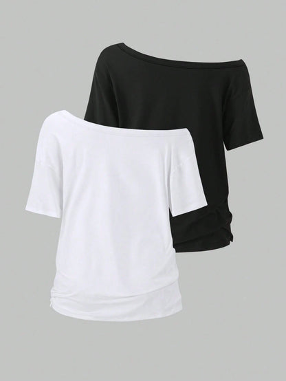 EMERY ROSE 2pcs/Set Oblique Shoulder Loose T-Shirt,Asymmetric Shoulder Off-Shoulder T-Shirt, Plus Size Women's Top
