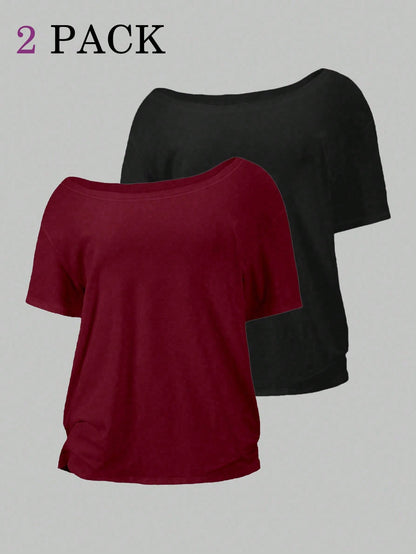 EMERY ROSE 2pcs/Set Oblique Shoulder Loose T-Shirt,Asymmetric Shoulder Off-Shoulder T-Shirt, Plus Size Women's Top