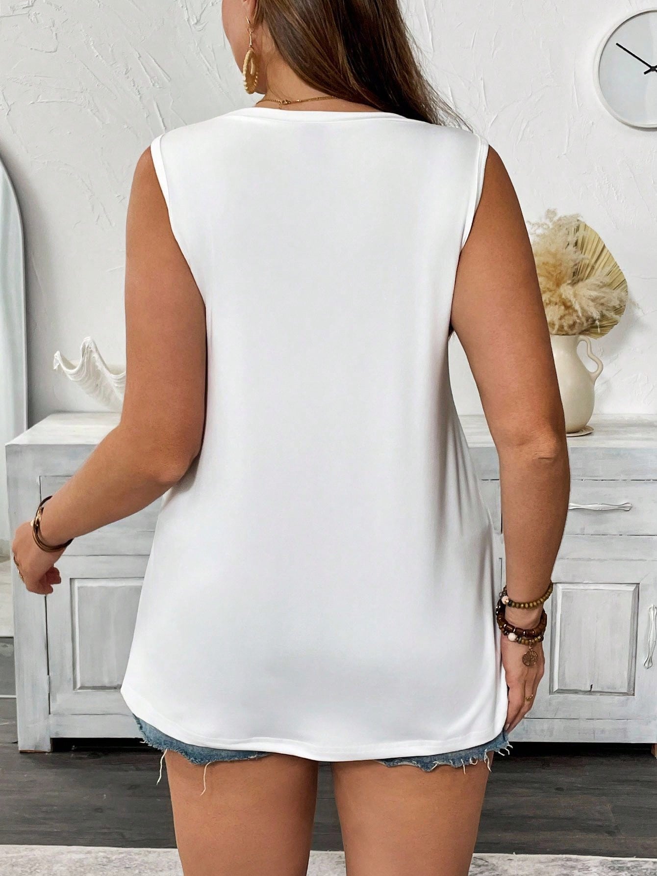 EMERY ROSE 3PCS Plus Size Women's Solid Color Round Neck Sleeveless Top Three Pieces Set Top