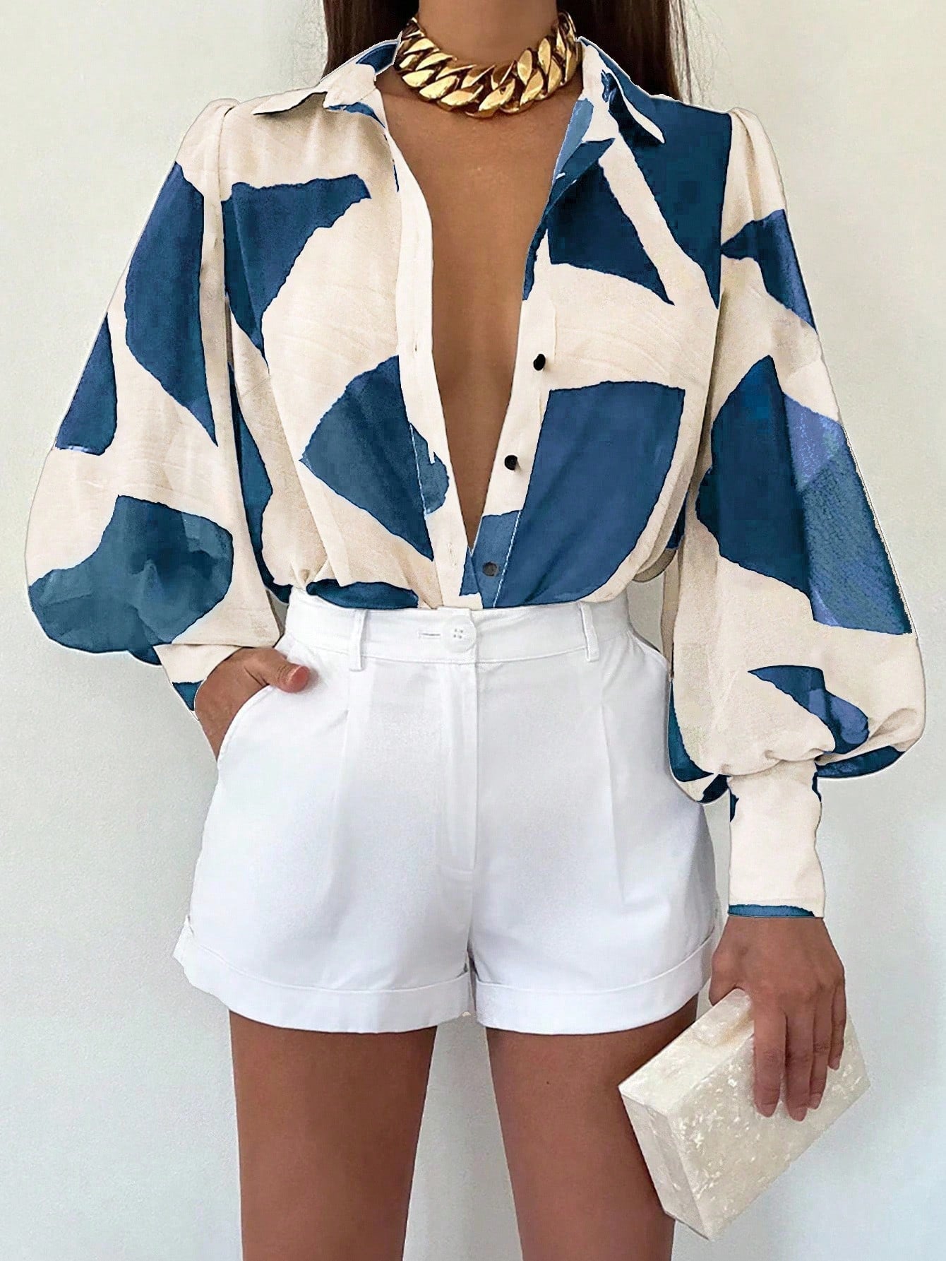 EMERY ROSE Allover Print Button Front Shirt For Dailywear,Long Sleeve Tops Fall Cloth For Women