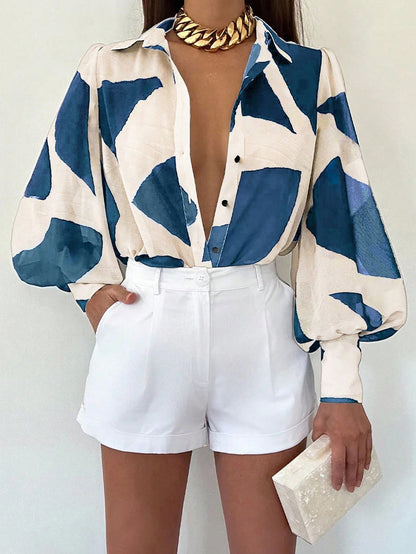 EMERY ROSE Allover Print Button Front Shirt For Dailywear,Long Sleeve Tops Fall Cloth For Women