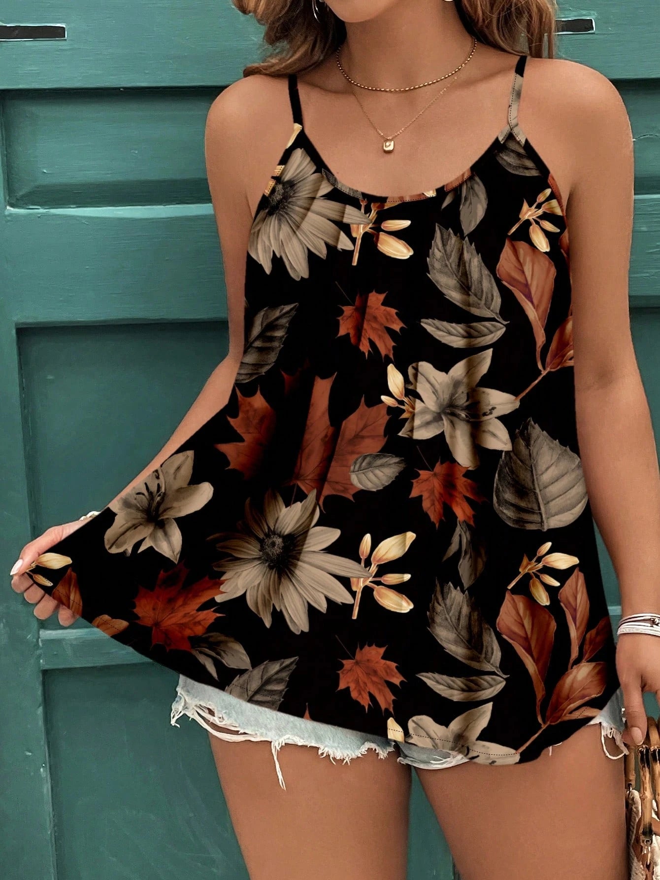 EMERY ROSE Casual Minimalist Elegant Leaf Print Plus Size Cami & Tank Top Suitable For Summer Women Clothing Woman S Clothes Vcay,Vintage,Flower/Vacation/Spring