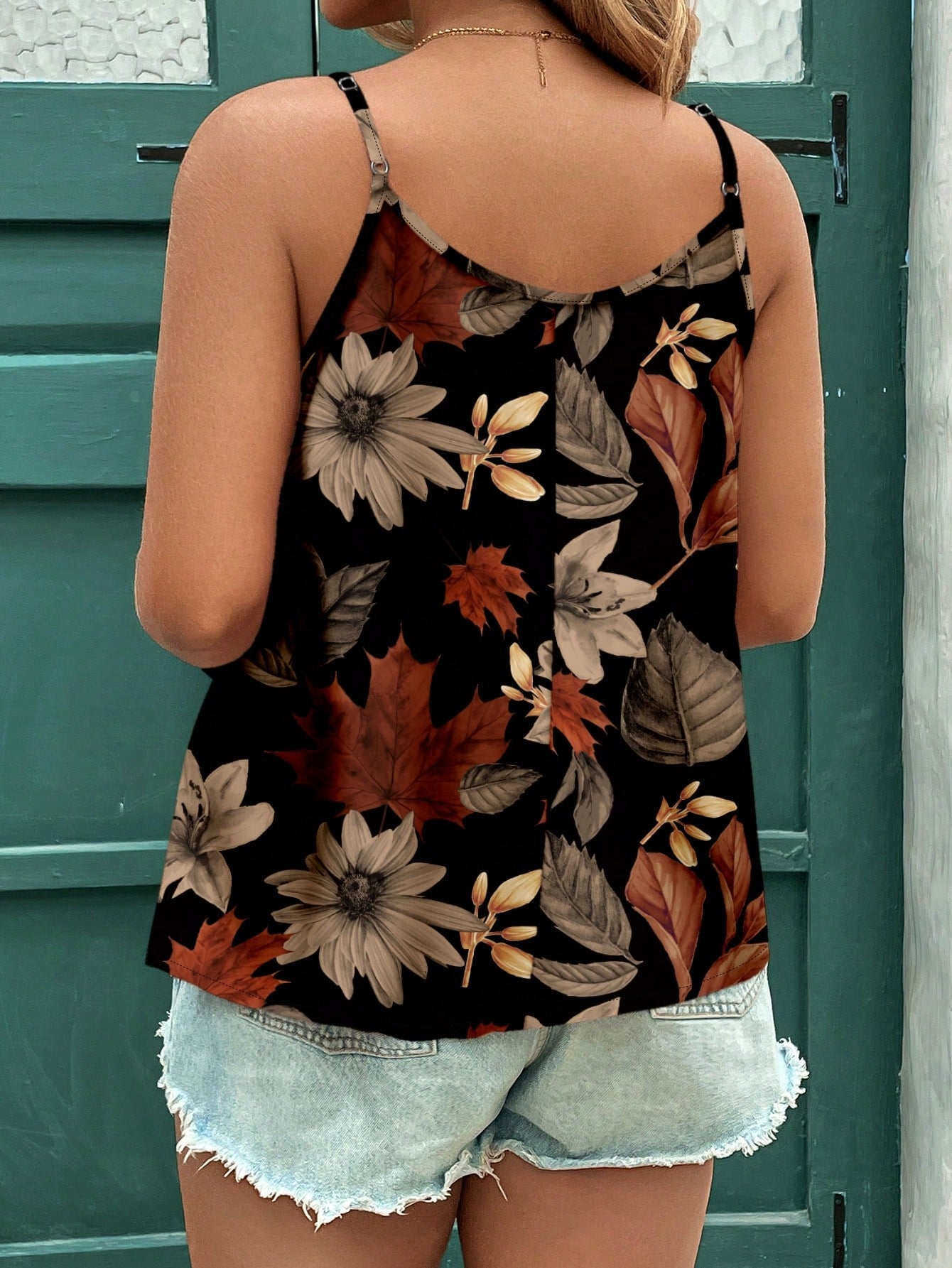 EMERY ROSE Casual Minimalist Elegant Leaf Print Plus Size Cami & Tank Top Suitable For Summer Women Clothing Woman S Clothes Vcay,Vintage,Flower/Vacation/Spring