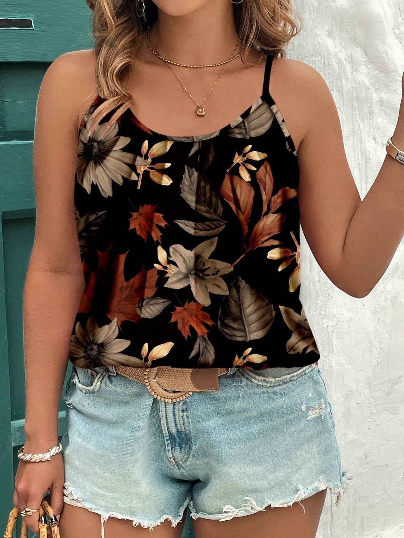 EMERY ROSE Casual Minimalist Elegant Leaf Print Plus Size Cami & Tank Top Suitable For Summer Women Clothing Woman S Clothes Vcay,Vintage,Flower/Vacation/Spring