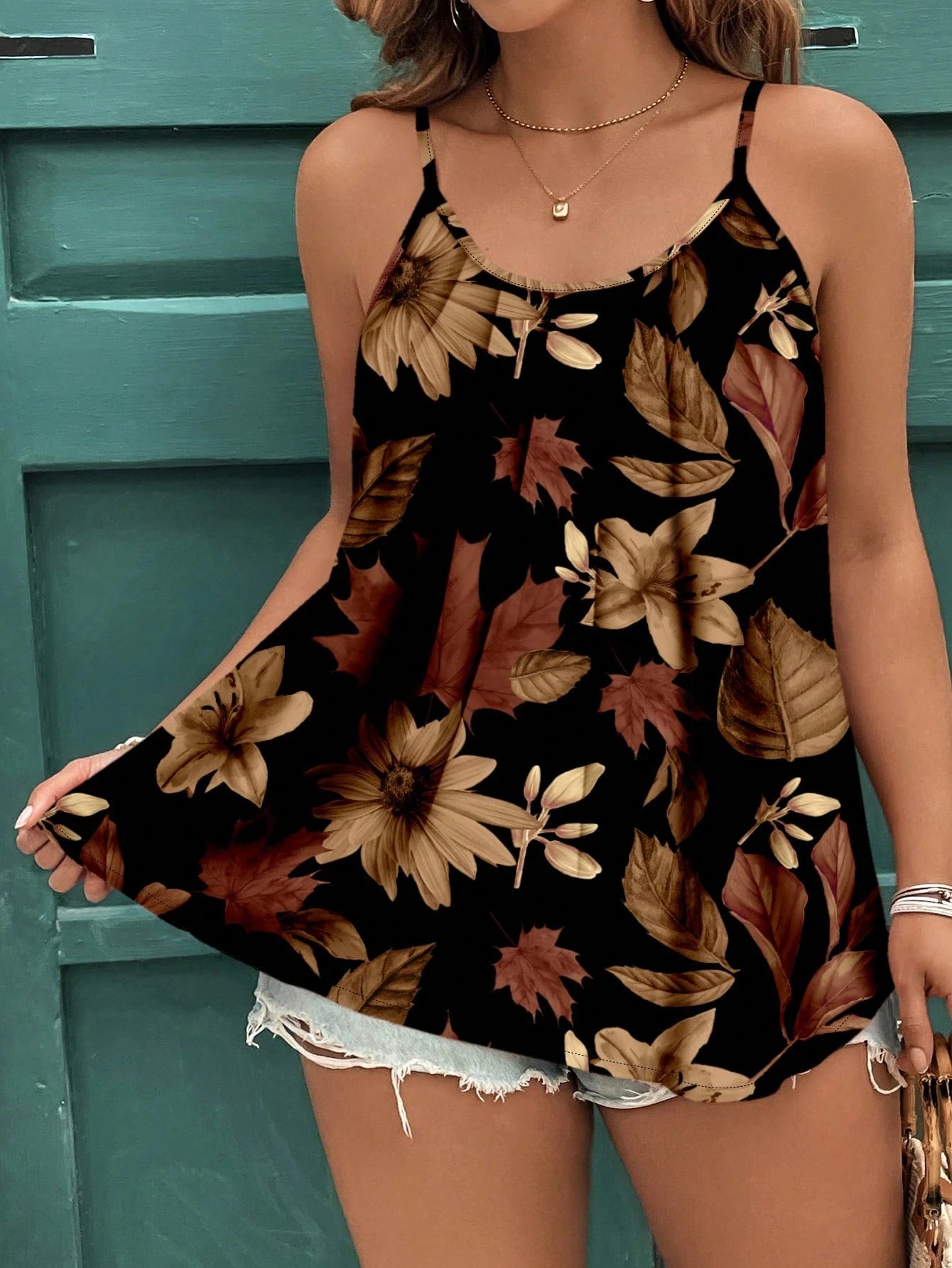 EMERY ROSE Casual Minimalist Elegant Leaf Print Plus Size Cami & Tank Top Suitable For Summer Women Clothing Woman S Clothes Vcay,Vintage,Flower/Vacation/Spring