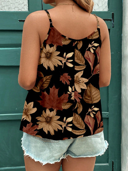 EMERY ROSE Casual Minimalist Elegant Leaf Print Plus Size Cami & Tank Top Suitable For Summer Women Clothing Woman S Clothes Vcay,Vintage,Flower/Vacation/Spring