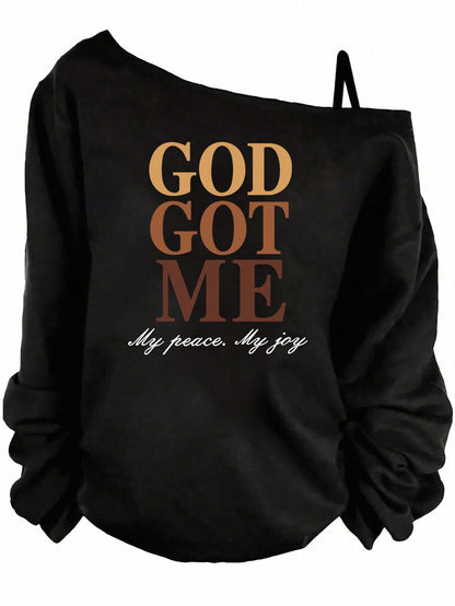 EMERY ROSE Casual Minimalist "God" Slogan Print Plus Size Women Sleeveless Black T-Shirt, Spring/, Fall