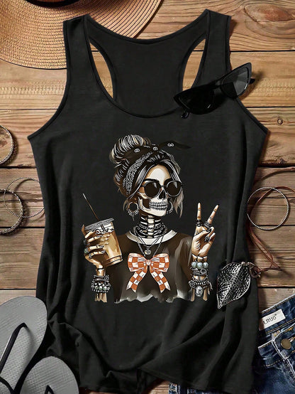 EMERY ROSE Casual Minimalist Skull Print Tank Top For Plus Size Women, Suitable For Summer, Halloween Back To School,Holiday,Flower/Vacation/Spring