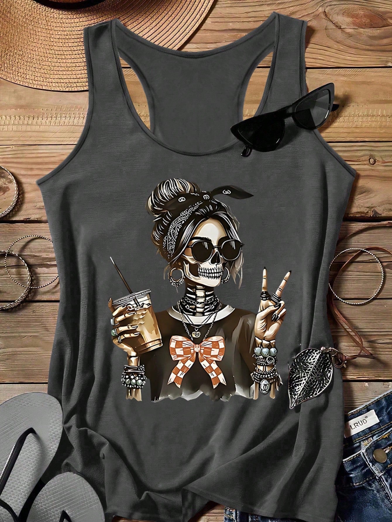 EMERY ROSE Casual Minimalist Skull Print Tank Top For Plus Size Women, Suitable For Summer, Halloween Back To School,Holiday,Flower/Vacation/Spring