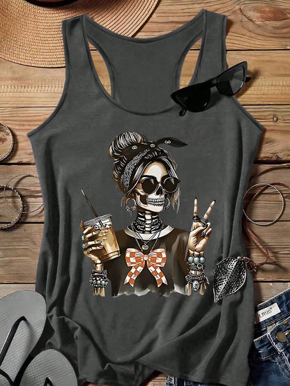 EMERY ROSE Casual Minimalist Skull Print Tank Top For Plus Size Women, Suitable For Summer, Halloween Back To School,Holiday,Flower/Vacation/Spring