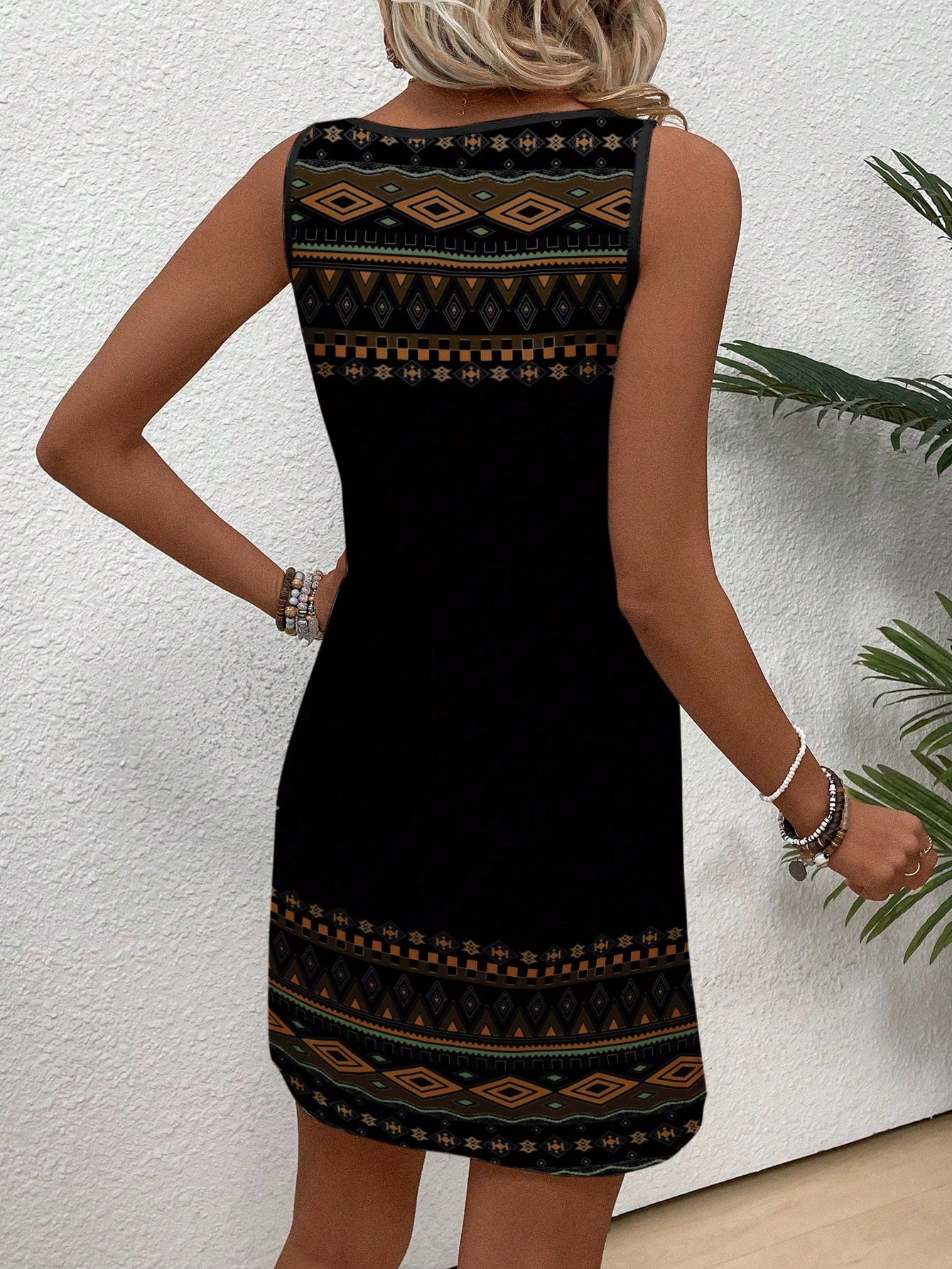 EMERY ROSE Casual Retro Bohemian Style Women's Geometric Print Camisole Dress, Suitable For Summer,Casual