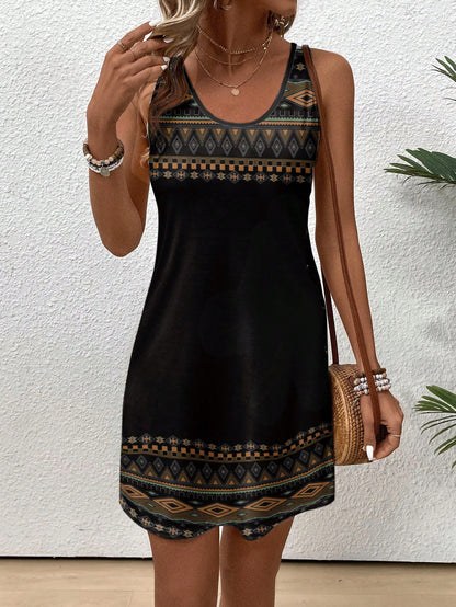 EMERY ROSE Casual Retro Bohemian Style Women's Geometric Print Camisole Dress, Suitable For Summer,Casual