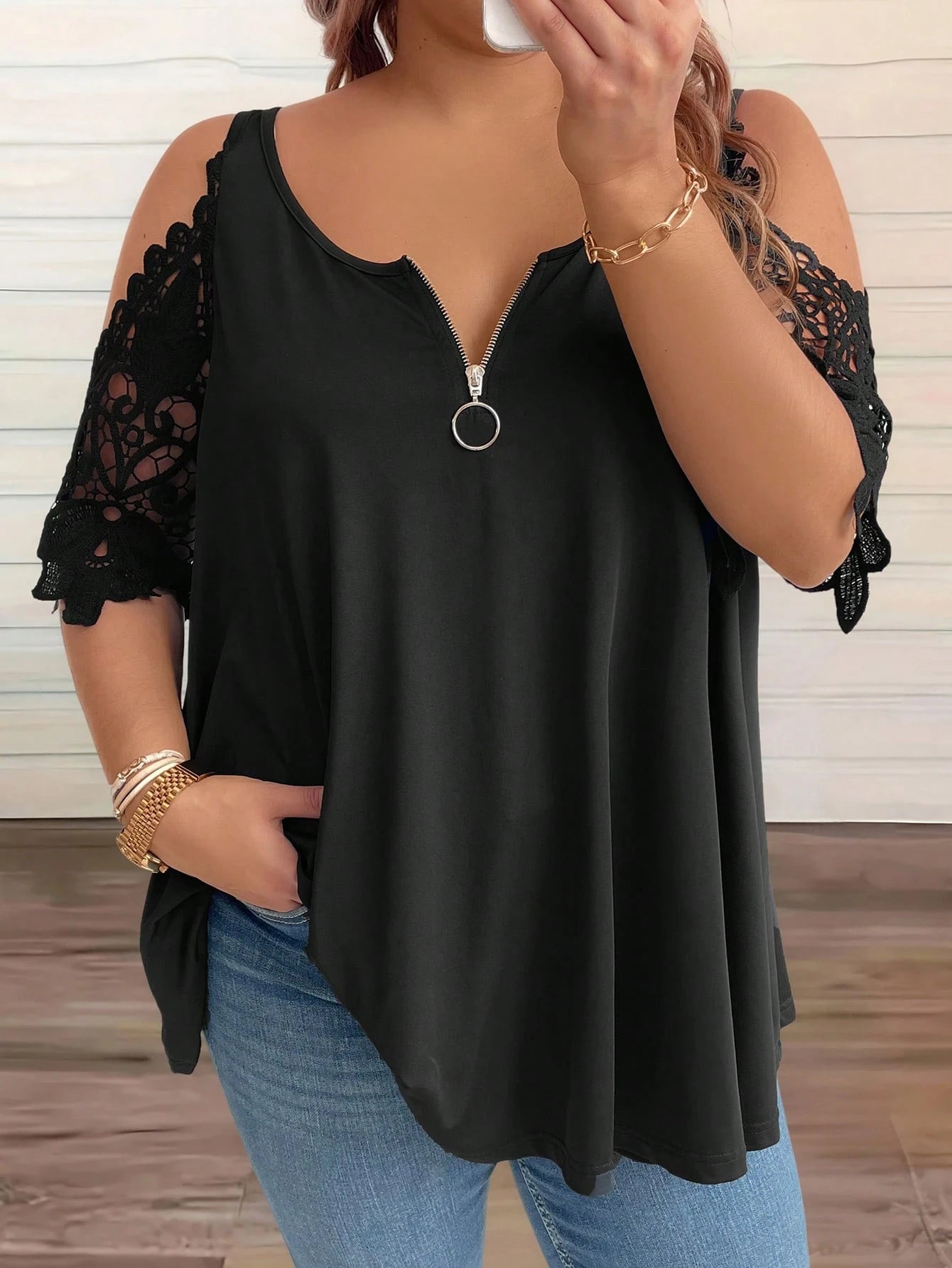 EMERY ROSE CURVE Plus Size Solid Color Scoop Neck Lace Spliced Summer T-Shirt
