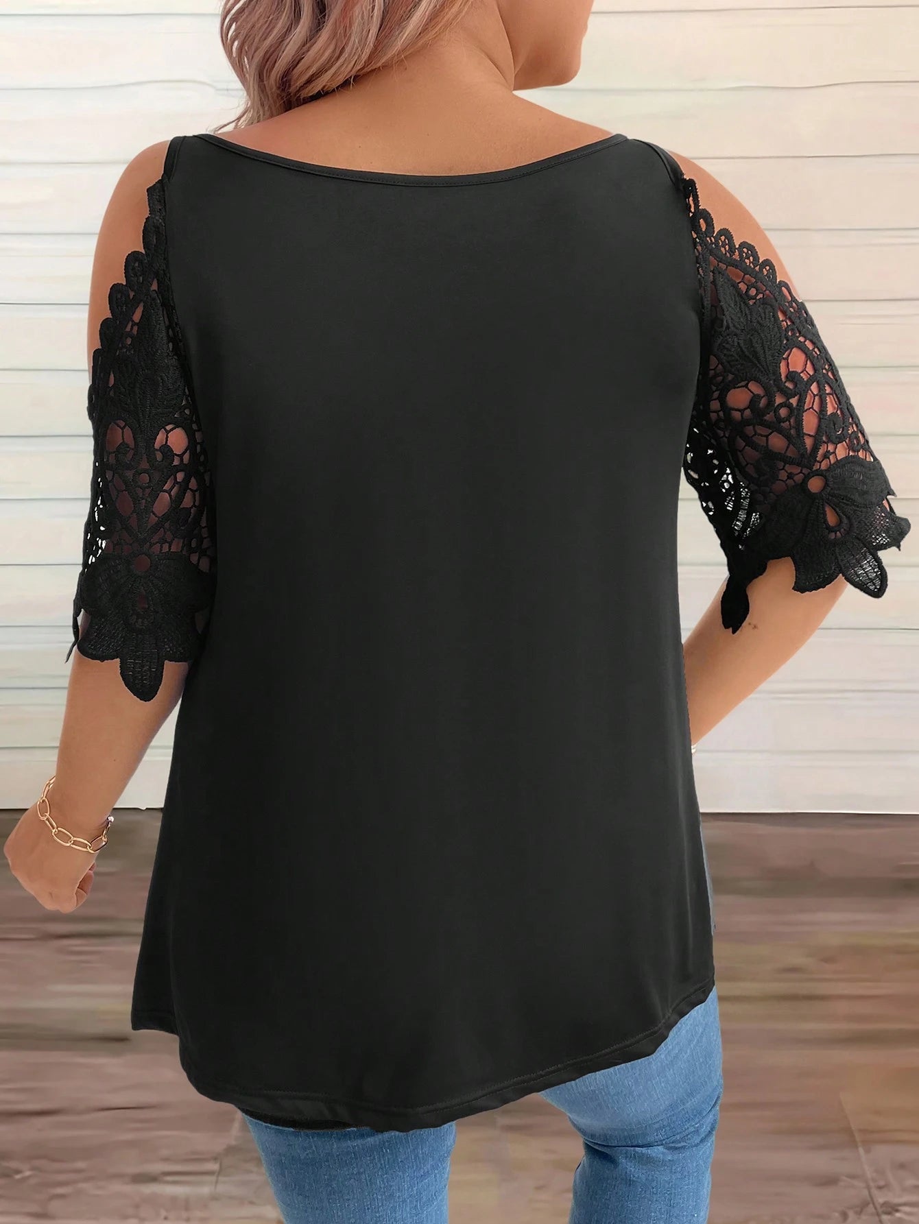 EMERY ROSE CURVE Plus Size Solid Color Scoop Neck Lace Spliced Summer T-Shirt