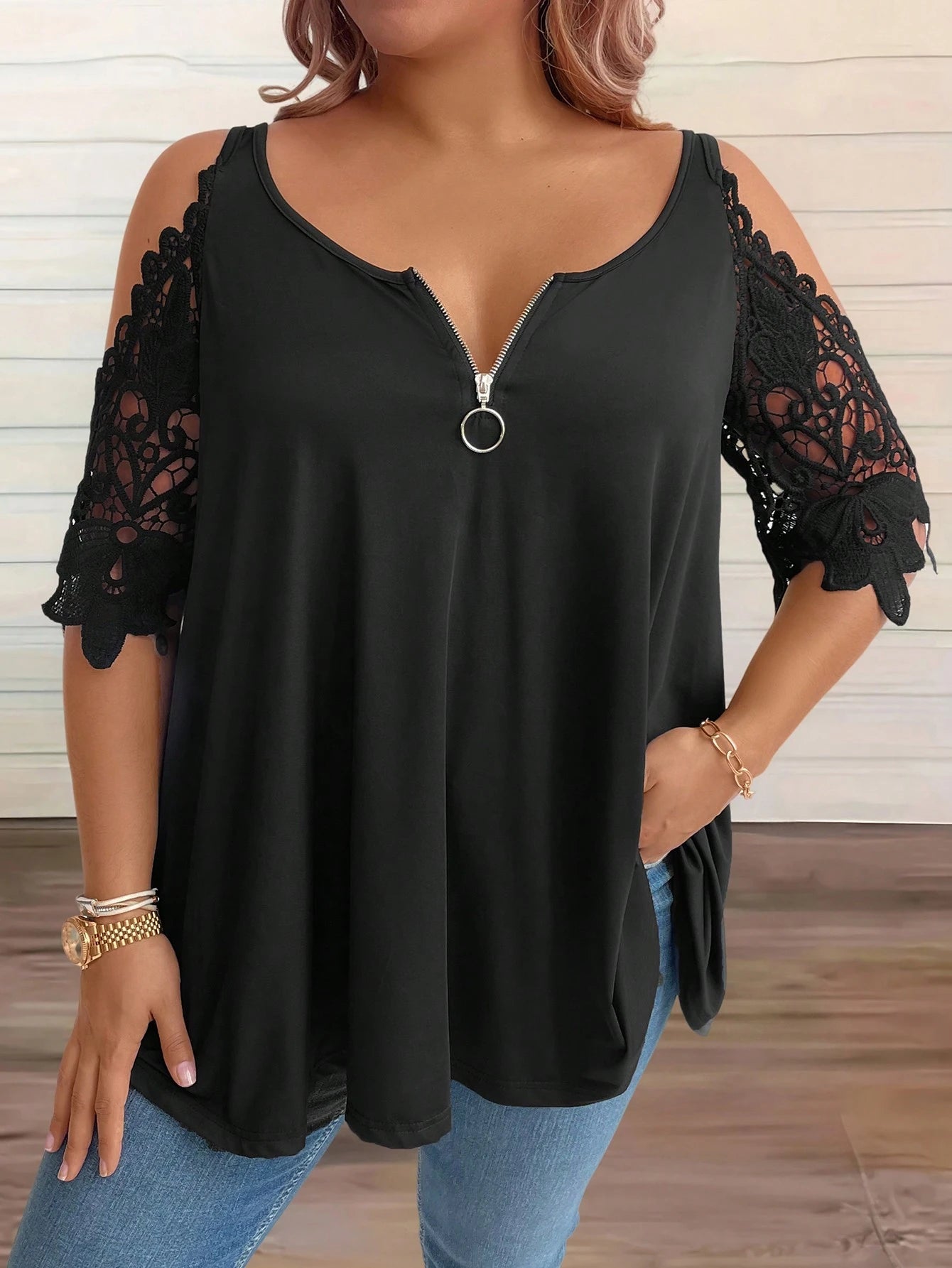 EMERY ROSE CURVE Plus Size Solid Color Scoop Neck Lace Spliced Summer T-Shirt
