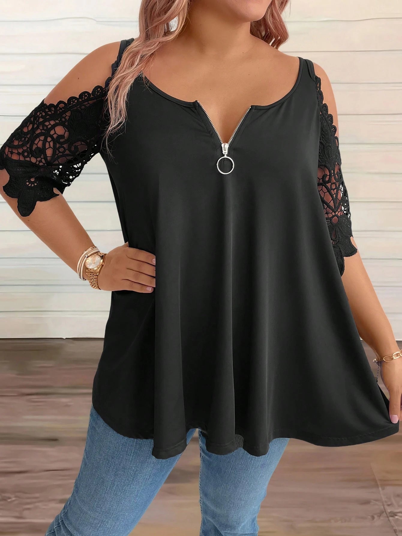 EMERY ROSE CURVE Plus Size Solid Color Scoop Neck Lace Spliced Summer T-Shirt