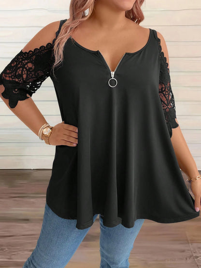 EMERY ROSE CURVE Plus Size Solid Color Scoop Neck Lace Spliced Summer T-Shirt