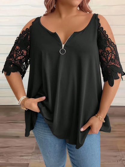 EMERY ROSE CURVE Plus Size Solid Color Scoop Neck Lace Spliced Summer T-Shirt
