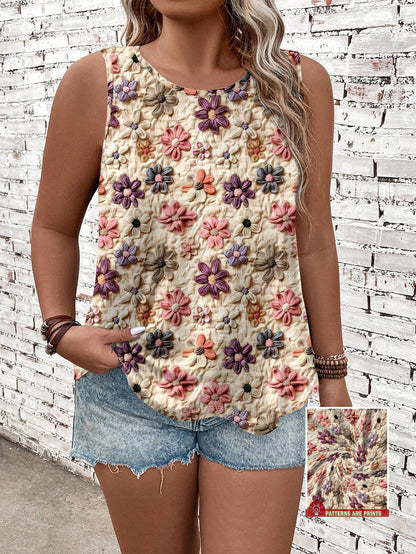 EMERY ROSE Floral Print Round Neck Plus Size Tank Top, Suitable For Summer Flower 3d Tops Women Boho Crochet