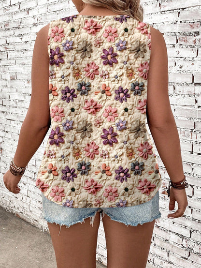 EMERY ROSE Floral Print Round Neck Plus Size Tank Top, Suitable For Summer Flower 3d Tops Women Boho Crochet