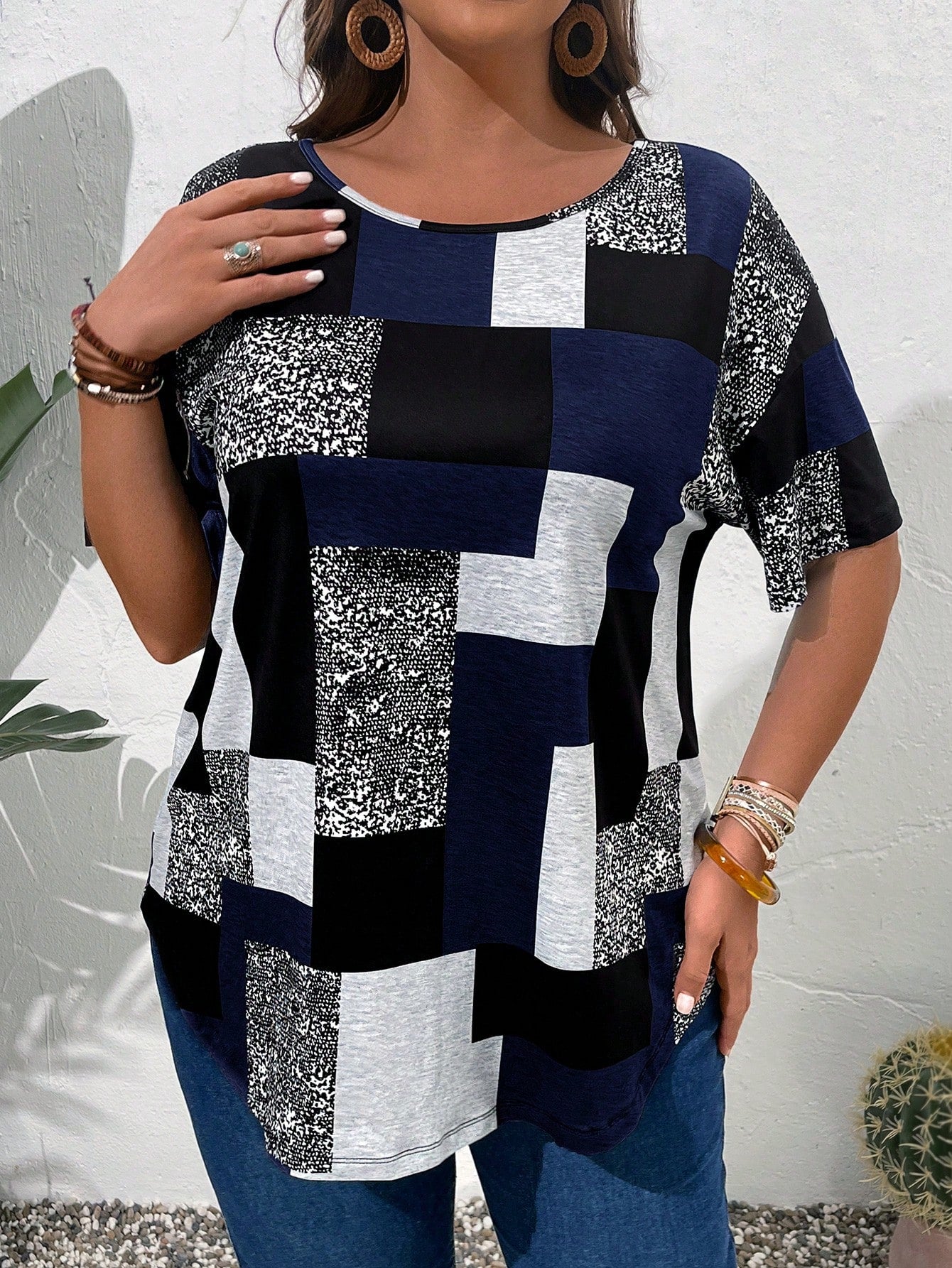 EMERY ROSE Plus Size Round Neck Short Sleeve Patchwork T-Shirt, Casual Daily Wear, For Summer