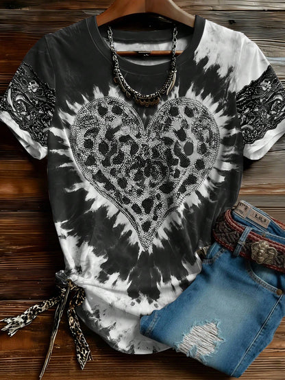 EMERY ROSE Plus Size Women's American Vintage Tie-Dye Leopard Print Heart Rhinestone Short Sleeve T-Shirt Valentine's Day Limited Edition Exquisite Loose Top Casual Daily Dating