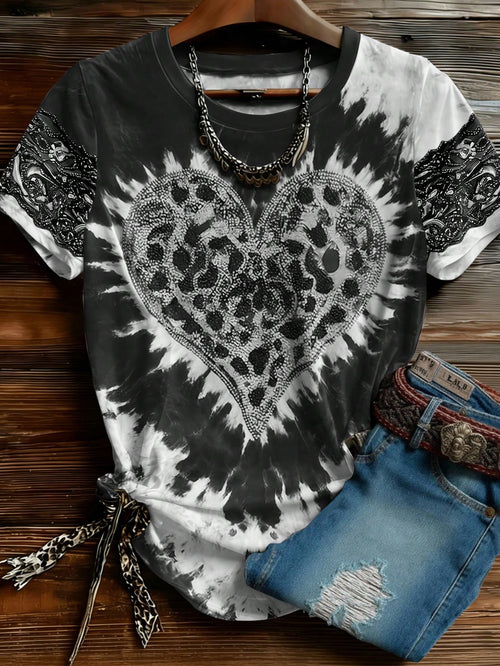 EMERY ROSE Plus Size Women's American Vintage Tie-Dye Leopard Print Heart Rhinestone Short Sleeve T-Shirt Valentine's Day Limited Edition Exquisite Loose Top Casual Daily Dating