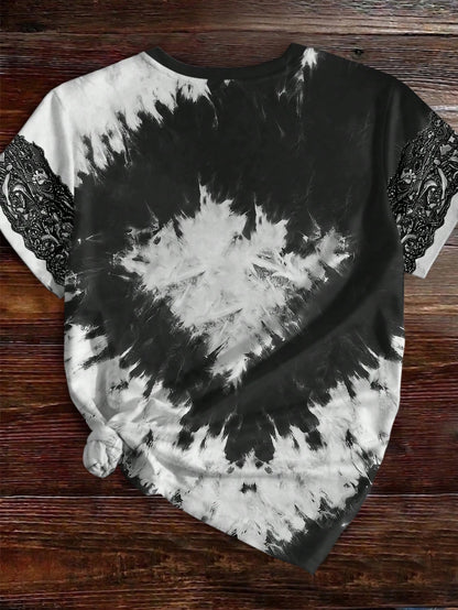 EMERY ROSE Plus Size Women's American Vintage Tie-Dye Leopard Print Heart Rhinestone Short Sleeve T-Shirt Valentine's Day Limited Edition Exquisite Loose Top Casual Daily Dating