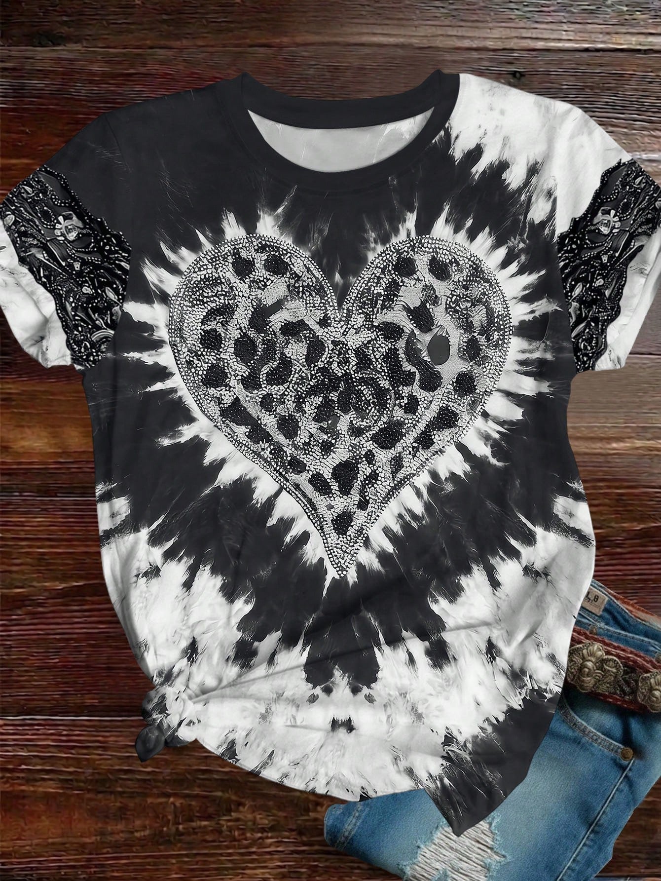 EMERY ROSE Plus Size Women's American Vintage Tie-Dye Leopard Print Heart Rhinestone Short Sleeve T-Shirt Valentine's Day Limited Edition Exquisite Loose Top Casual Daily Dating