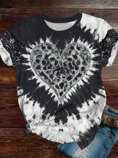 EMERY ROSE Plus Size Women's American Vintage Tie-Dye Leopard Print Heart Rhinestone Short Sleeve T-Shirt Valentine's Day Limited Edition Exquisite Loose Top Casual Daily Dating
