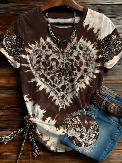 EMERY ROSE Plus Size Women's American Vintage Tie-Dye Leopard Print Heart Rhinestone Short Sleeve T-Shirt Valentine's Day Limited Edition Exquisite Loose Top Casual Daily Dating