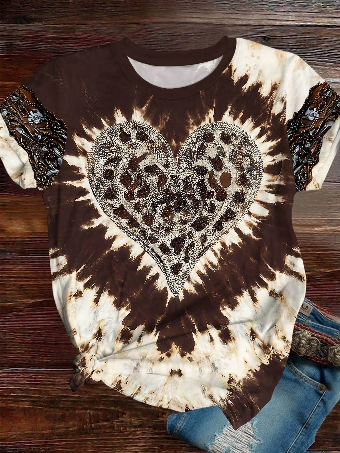 EMERY ROSE Plus Size Women's American Vintage Tie-Dye Leopard Print Heart Rhinestone Short Sleeve T-Shirt Valentine's Day Limited Edition Exquisite Loose Top Casual Daily Dating