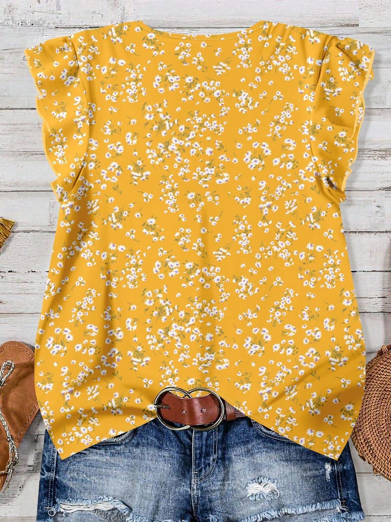 EMERY ROSE Plus Size Women's Casual Minimalist Summer Yellow Flower Print Shirt Chic Blouses For Women,Spring/Vacation Fall