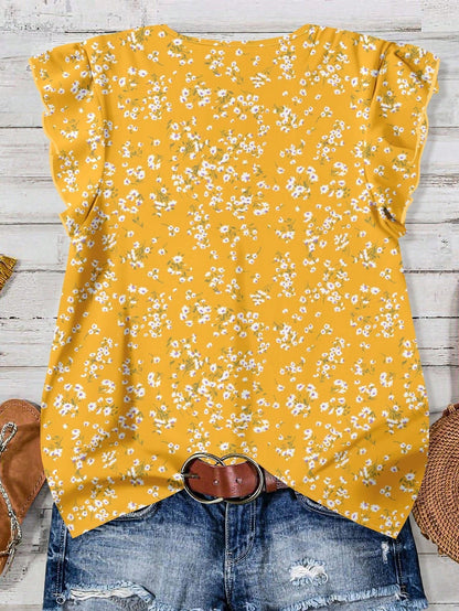 EMERY ROSE Plus Size Women's Casual Minimalist Summer Yellow Flower Print Shirt Chic Blouses For Women,Spring/Vacation Fall