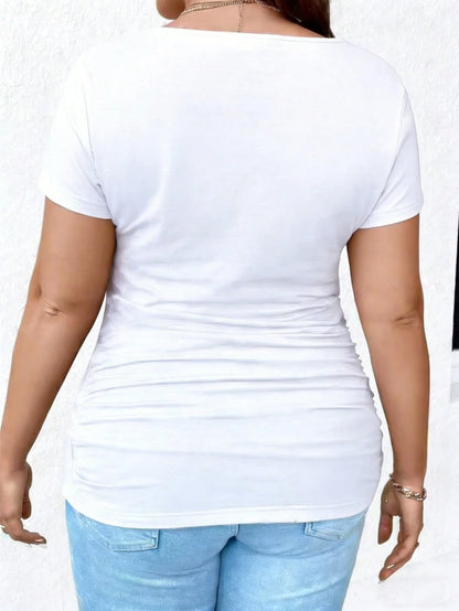 EMERY ROSE Plus Size Women's Solid Color Round Neck Short Sleeve Casual Waist Pleated T-Shirt