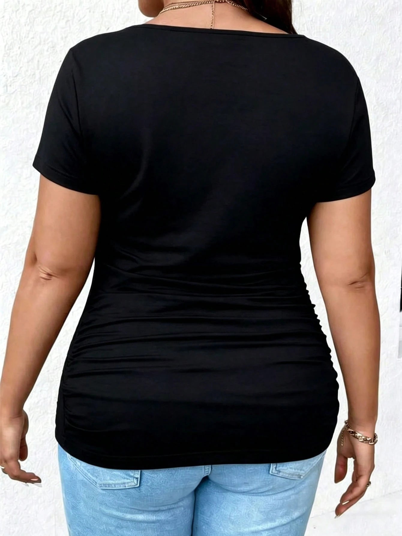 EMERY ROSE Plus Size Women's Solid Color Round Neck Short Sleeve Casual Waist Pleated T-Shirt